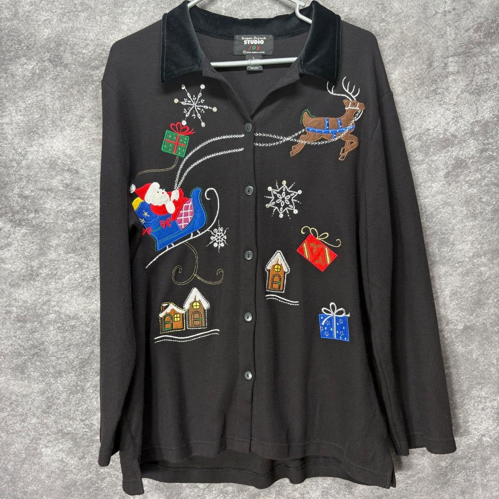 Designers Originals Studio Joy Christmas Cardigan Womens L Santa Sleigh Reindeer